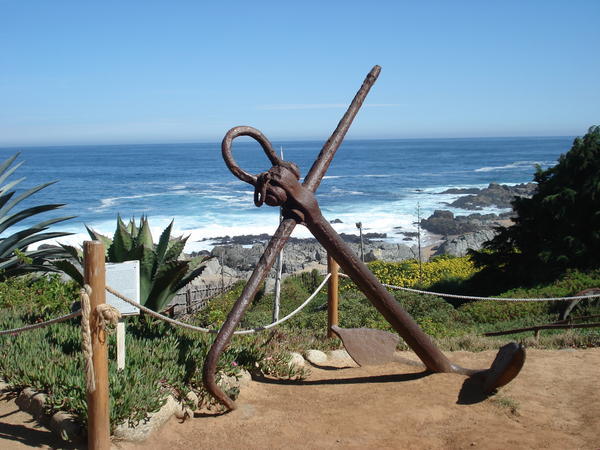 An anchor with the sea in the background at Pablo Neruda´s house in Isla Negra