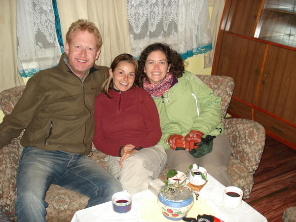 Erin, Kelly and I share a cheeky cup of red wine at a very cold hostel in Puerto Natales!