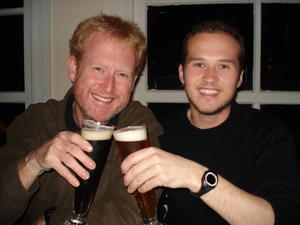 Back in the warm - Mike & I enjoy a hard earned beer after our trek