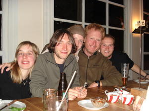 Clem, Max, Sandra, me and Mike grin for the camera in the pizzeria in Puerto Natales