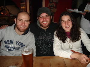 The "Bearded Wonders", Wayne and Danny smile with Clotilde - beer never tasted so good!
