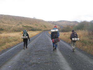 Day six - Take me home, country road. Jen, me and Wayne stagger towards the finishing line at Laguna Amarga