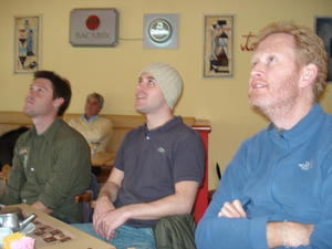 John, Wayne and me stare tranfixed at the telly showing the Man Utd v West Ham game