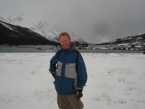 Me and a bleak backdrop of snow, ice and mountains