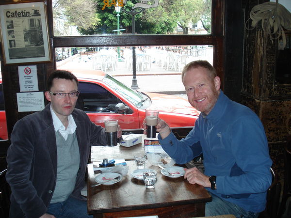 Terry and I celebrate our reunion with a hot chocolate at Cafe Dorrego