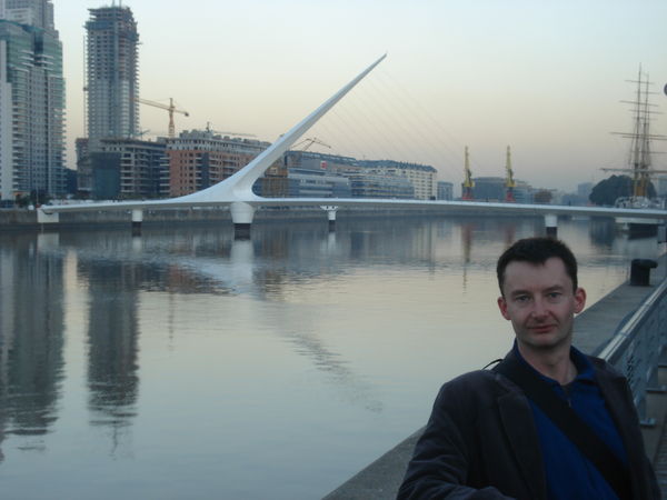 Terry poses in front of The Women's Bridge in Puerto Madero