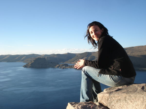 Marnie looks out over Lake Titicaca from the top of Cerro Calvario, Copacabana