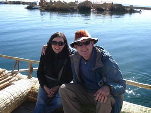 Marnie and I on our reed boat during the floating islands tour - Lake Titicaca
