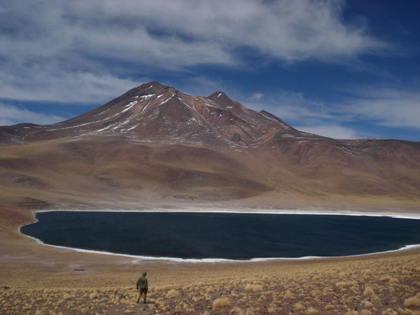 Walking down to another salt lake on the Salar de Atacama altiplano