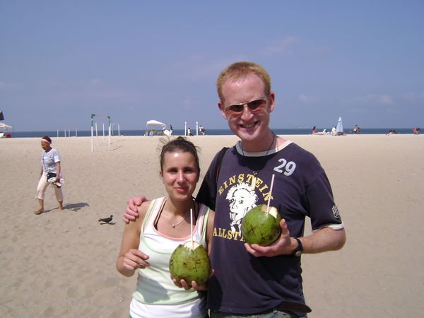 Iva and I get our coconuts out on Copacabana beach