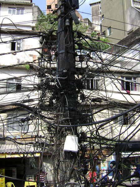 An over-laden electricity pole outside the Rocinha flavela