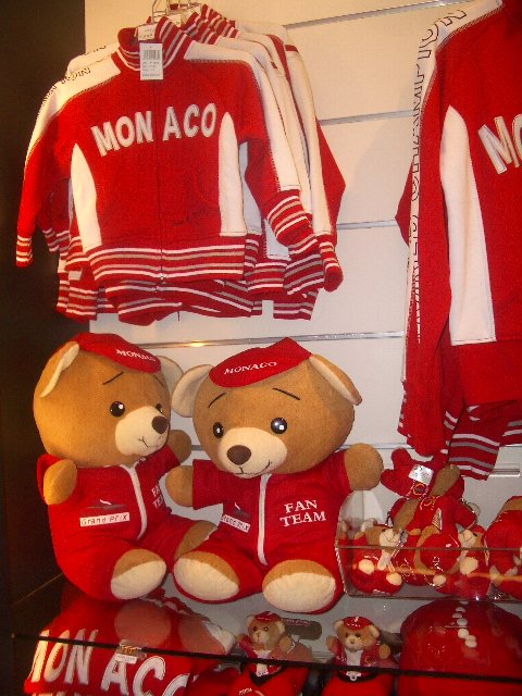 Monaco themed teddy bears wearing Grand Prix outfits and caps