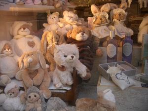 Cuddly toys in shop window, St. Paul's Village