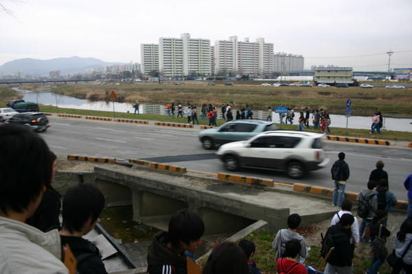 Here our kids are crossing a highway (its a good thing we're so safe)