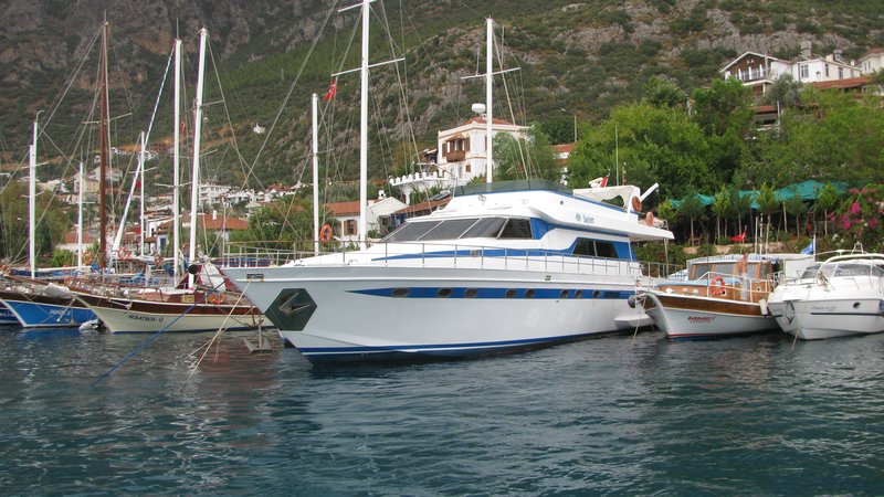 Boat for Greek island of Meis leaving Kas and Turkey behind