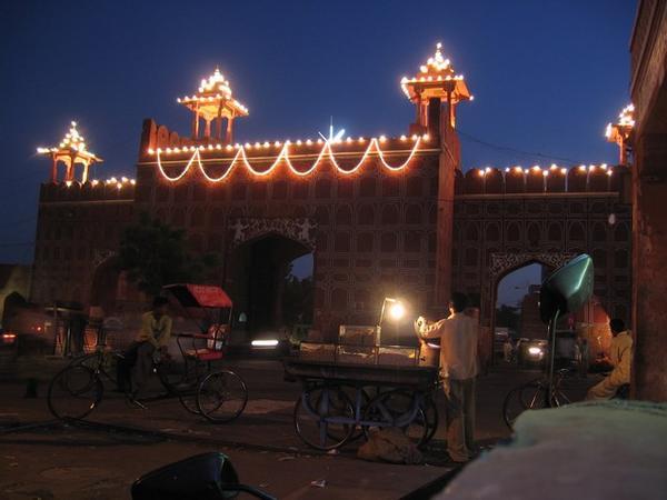 Gate to walled city of Jaipur at night