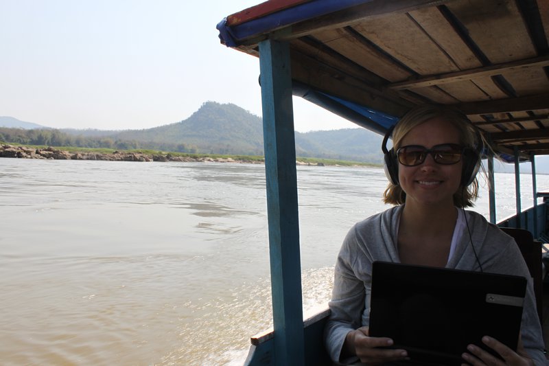 Suzi blogging on the boat