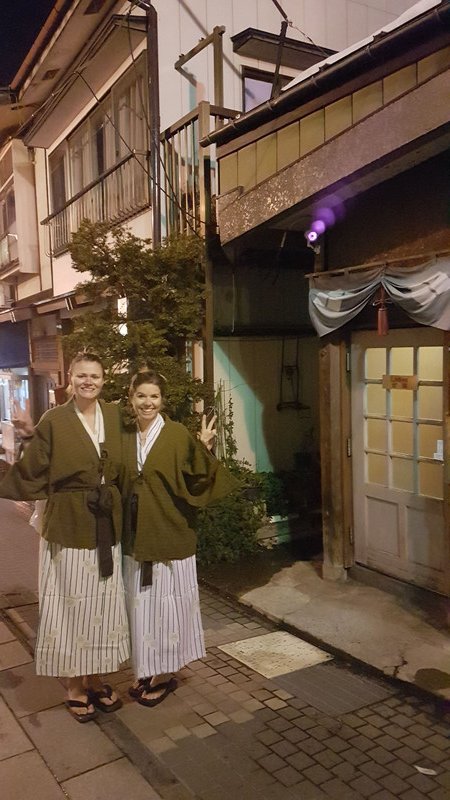 Amy and Kat wearing their yukatas round Shibu Onsen