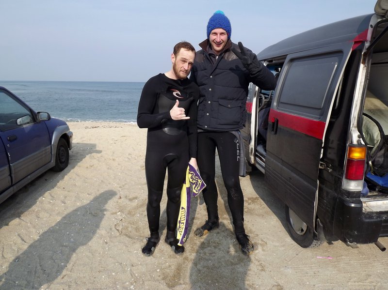 Me and Jake freezing cold apres surf