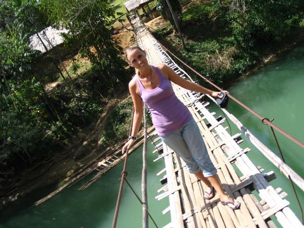 Donna on hanging bridge at Loboc River