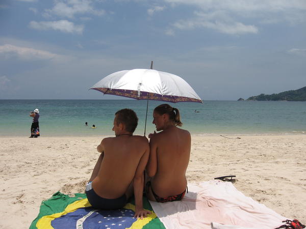 Neil and Donna on Patong beach, under our umbrella