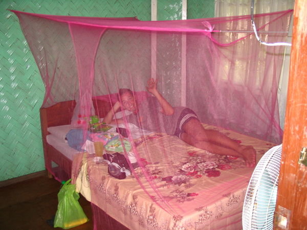 Inside our nipa hut we had a pink mosquito net which Donna was very pleased with