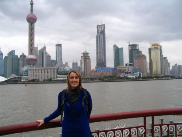 Donna on the bund with Pudong in the background 