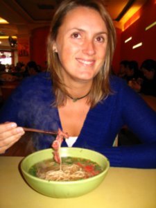 Donna eating her Chilli Beef Noodle soup