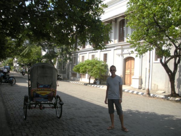 Pedal rickshaw and Neil in Pondicherry street