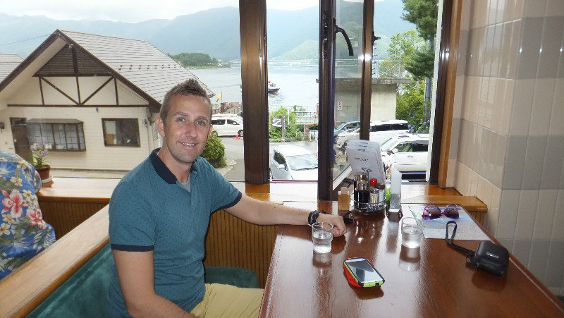 Neil waiting for lunch overlooking Lake Kawaguchiko