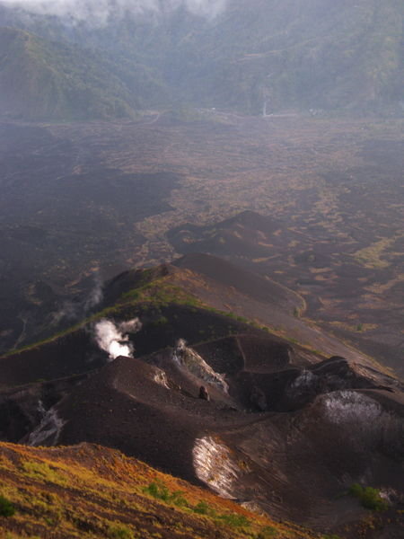 inside the smoking caldera of Batur