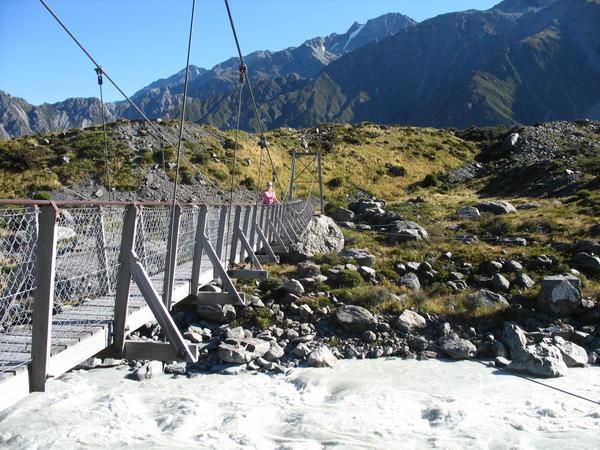 Karen on one of the bridges on the way to Mount Cook