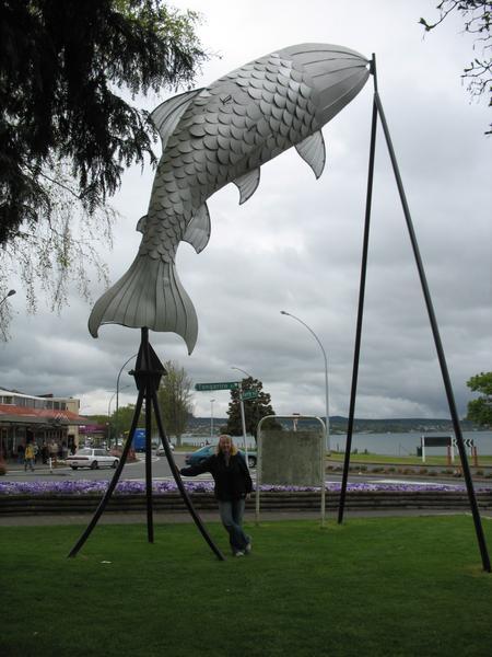 Karen and a rather large fish in Taupo Town