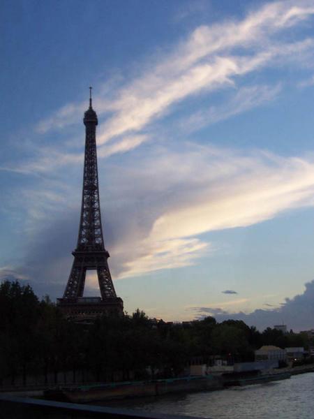 The Eiffel Tower at dusk.