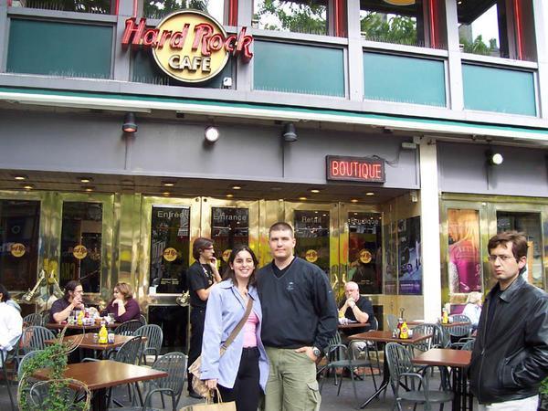 Us in front of the Hard Rock Cafe Paris.