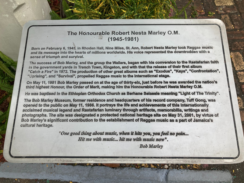 Plaque at Bob Marley’s House
