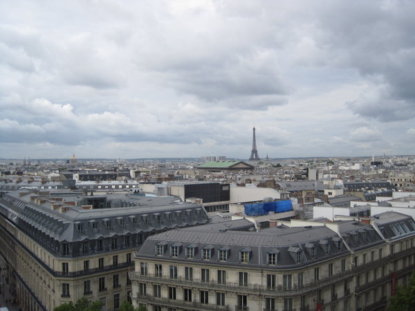 The roofs of Paris and the Eiffeltower from the top of Galeries Lafayette