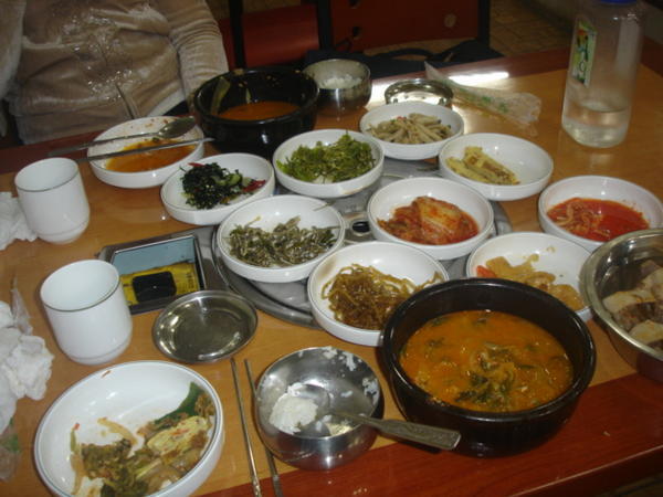 Spicy soup and so many side dishes!