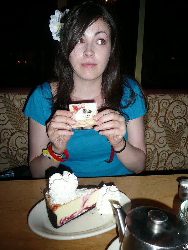 Katie with her English Breakfast tea at the Cheesecake Factory.