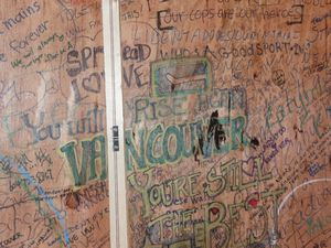 I arrived in Vancouver on the one year anniversary of the Stanley Cup Riots. These boards were used to cover some of the windows of the looted businesses, and in the days after the riots citizens of Vancouver wrote messages to the rioters,