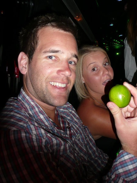Andrew with his pet lime and Laura lurking behind it.