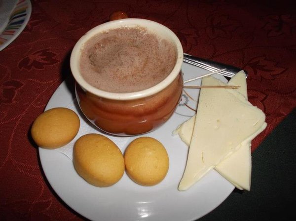 Hot chocolate, cheese and bread