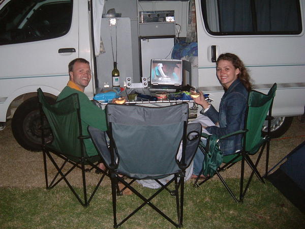 Camping with Allan and Claire, the civilised way including outdoor cinema! 