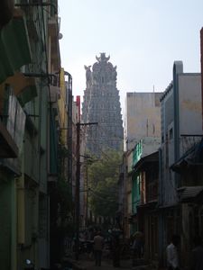 View of Meenakshi Sundareswarar Temple approaching from a nearby street