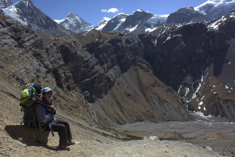 Looking back at the mountains from halfway up the very steep 500m climb to High Base Camp from Thorung Phedi