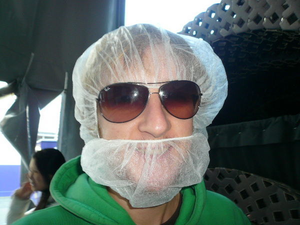 Chris with his 'safety' gear on at Cadbury's - he had to wear a 'BEARD PROTECTOR' !