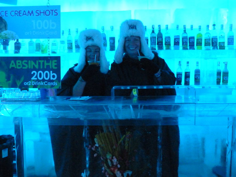 Us behind the bar at Ice Bar!!! A giant freezer!