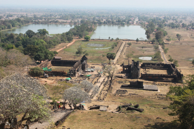 Palace ruins from atop of Wat Phu