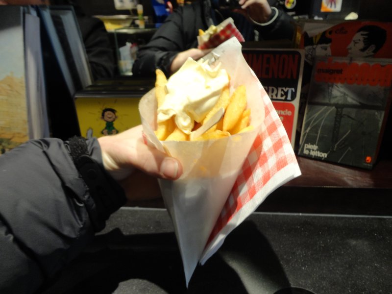 The Amazing Belge Frites, in an easy to manage cone shape. Mayonnaise is essential