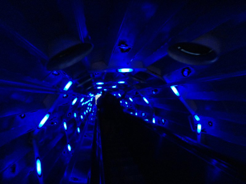 The awesome light shows in the tunnels connecting the Atomium